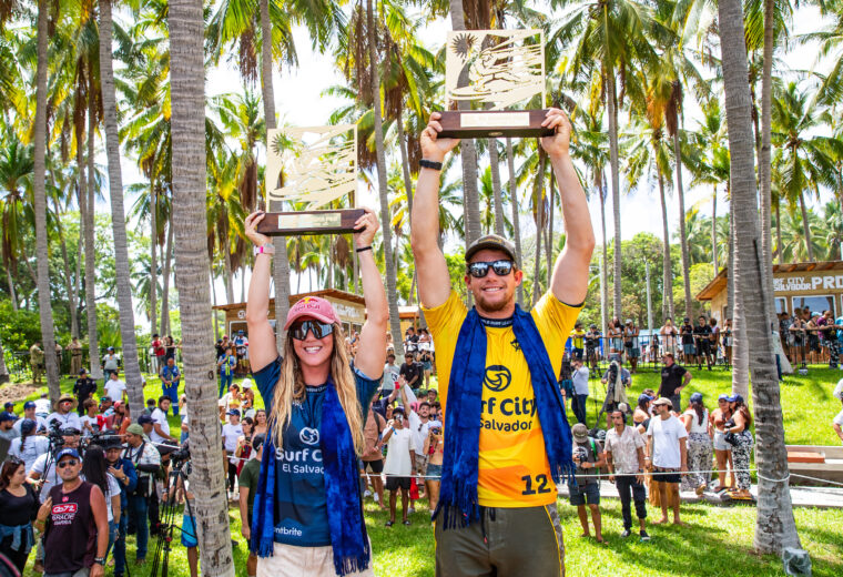 PUNTA ROCA, LA LIBERTAD, EL SALVADOR - JUNE 9: Two-time WSL Champion John John Florence of Hawaii and WSL Champion Caroline Marks of the United States after winning the final at the Surf City El Salvador Pro on June 9, 2024 at Punta Roca, La Libertad, El Salvador. (Photo by Aaron Hughes/World Surf League)